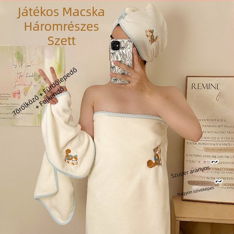 Korall bársony hajtörlő fejpánt hosszú hajhoz, brodolt dizájn, macska-fül dizájn, 150D szál, 80–99 g