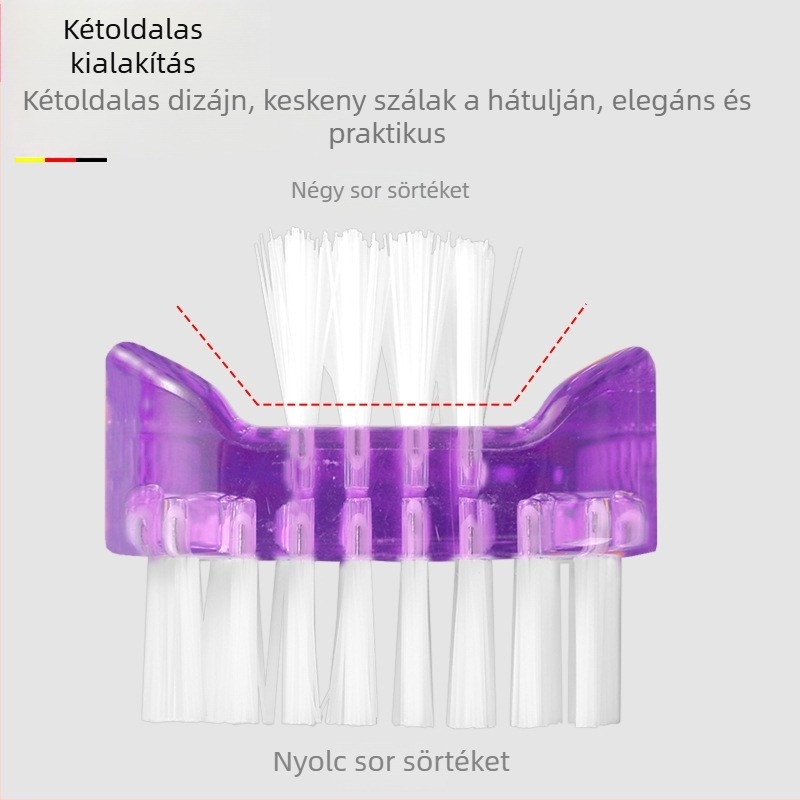 Kétoldalas, multifunkcionális por- és manikűr tisztító kefe, átlátszó műanyag házzal; kefemateria: fehér PP selyem; szálak: átlátszó PP, nylon