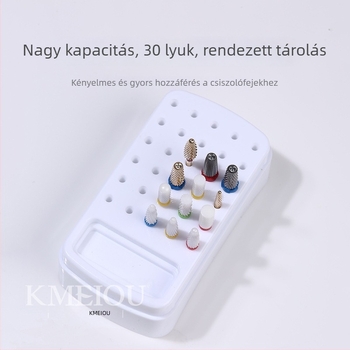 Körömművészethez 30 lyukas polírfej tároló doboz, 2-in-1 tisztító kefével, műanyag, 67 g