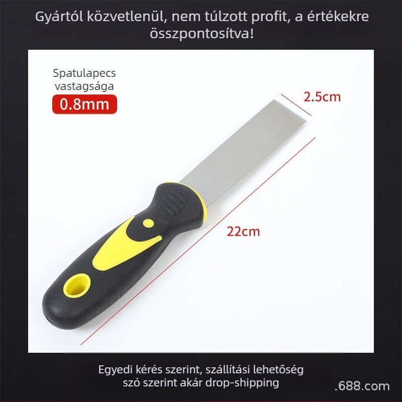 Vastagított rozsdamentes acél glettkés, háromszög alakú pengével, eszköz a falak glettelésére és kaparására