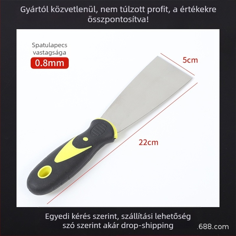 Vastagított rozsdamentes acél glettkés, háromszög alakú pengével, eszköz a falak glettelésére és kaparására