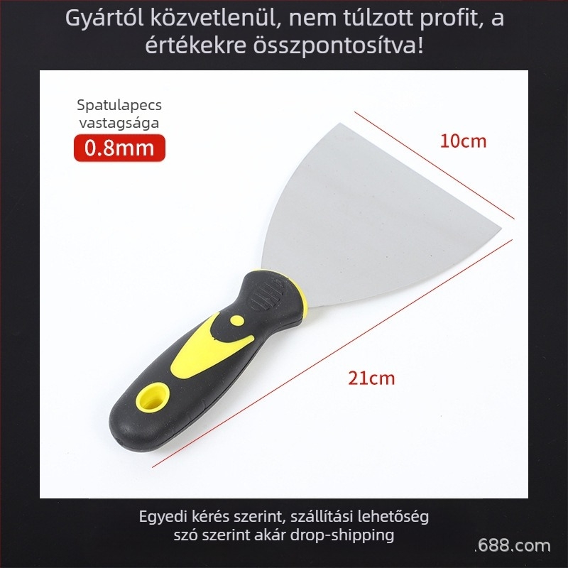 Vastagított rozsdamentes acél glettkés, háromszög alakú pengével, eszköz a falak glettelésére és kaparására