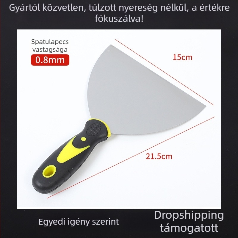Vastagított rozsdamentes acél glettkés, háromszög alakú pengével, eszköz a falak glettelésére és kaparására
