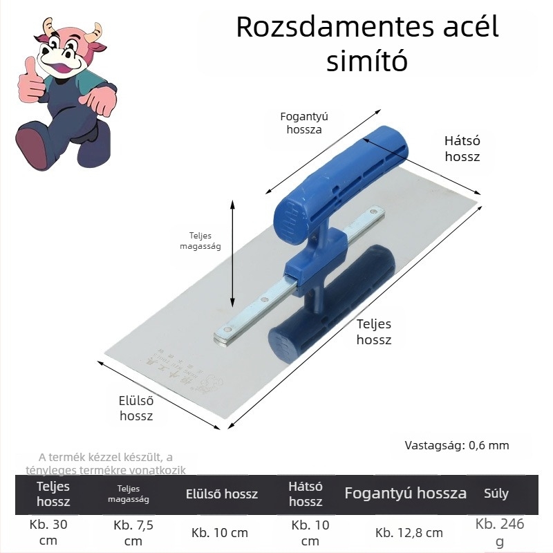 Rozsdamentes acél glettelőkanál injekciós formájú kézzel, falak gletteléséhez és gitt kaparáshoz – építőmunkások számára