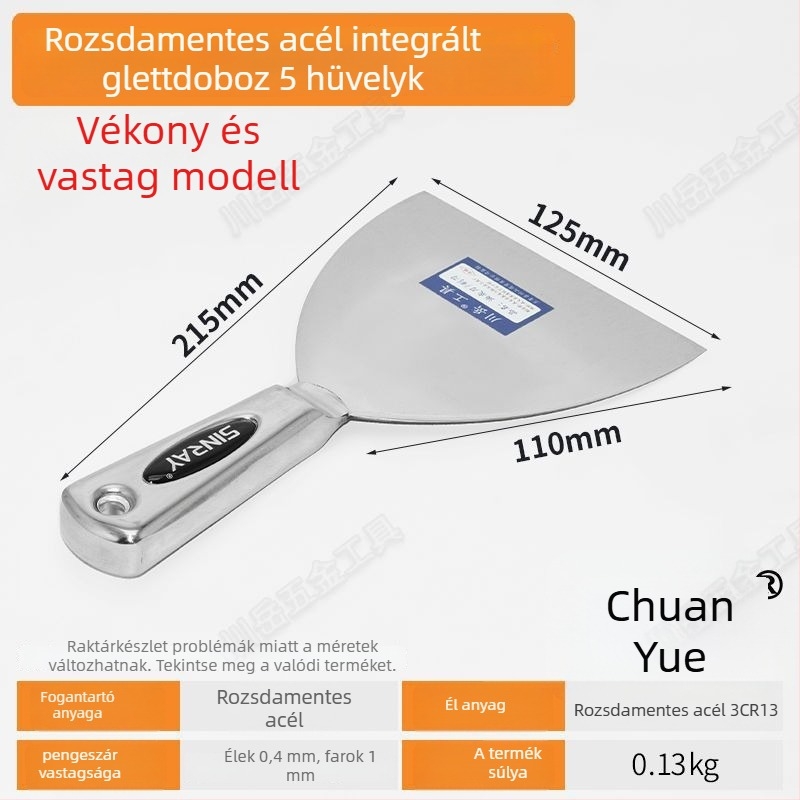 Rozsdamentes acél glettkés vastított éllel — többfunkciós faliszerszám gletteléshez (nincs márka, Kínában gyártott)