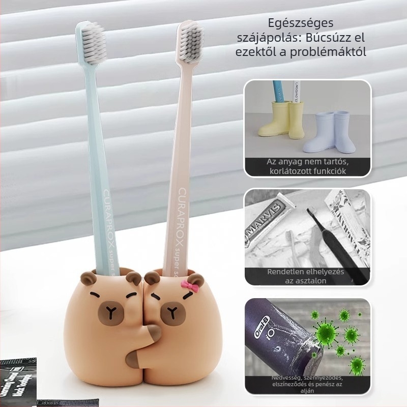 Capybara PVC fogkefetartó, mosdó melletti felületre – műanyag, fúrás nélküli szerelés, dupla fogkefetároló, Mr. Art márka