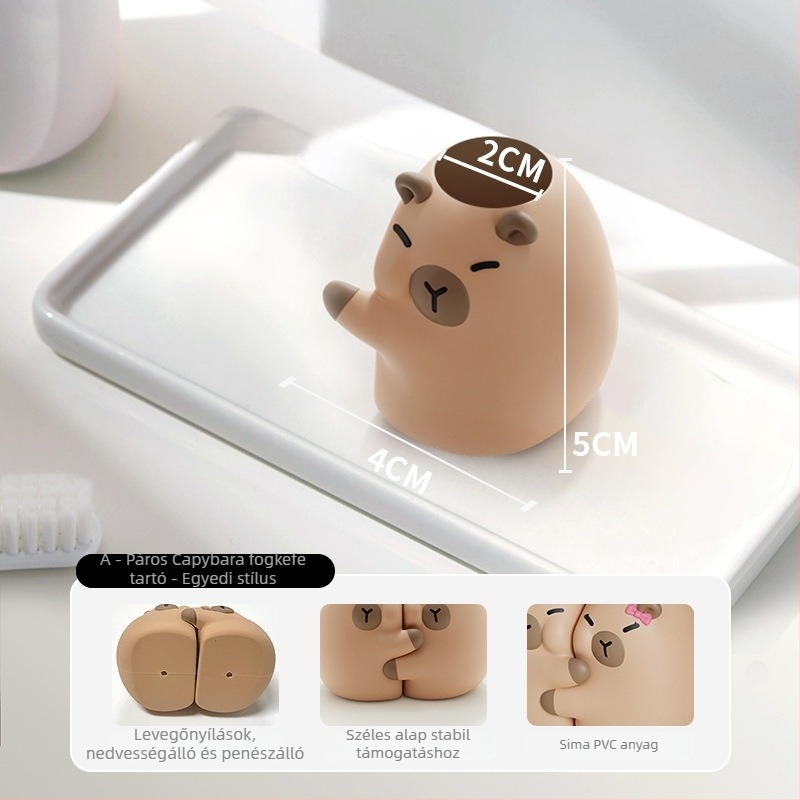 Capybara PVC fogkefetartó, mosdó melletti felületre – műanyag, fúrás nélküli szerelés, dupla fogkefetároló, Mr. Art márka