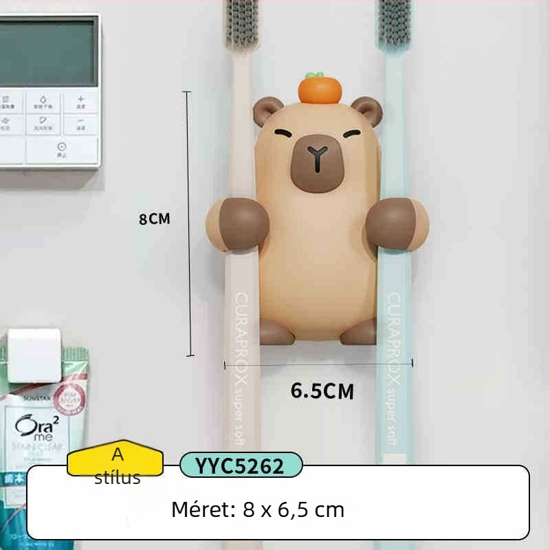 Capybara PVC fogkefetartó, mosdó melletti felületre – műanyag, fúrás nélküli szerelés, dupla fogkefetároló, Mr. Art márka