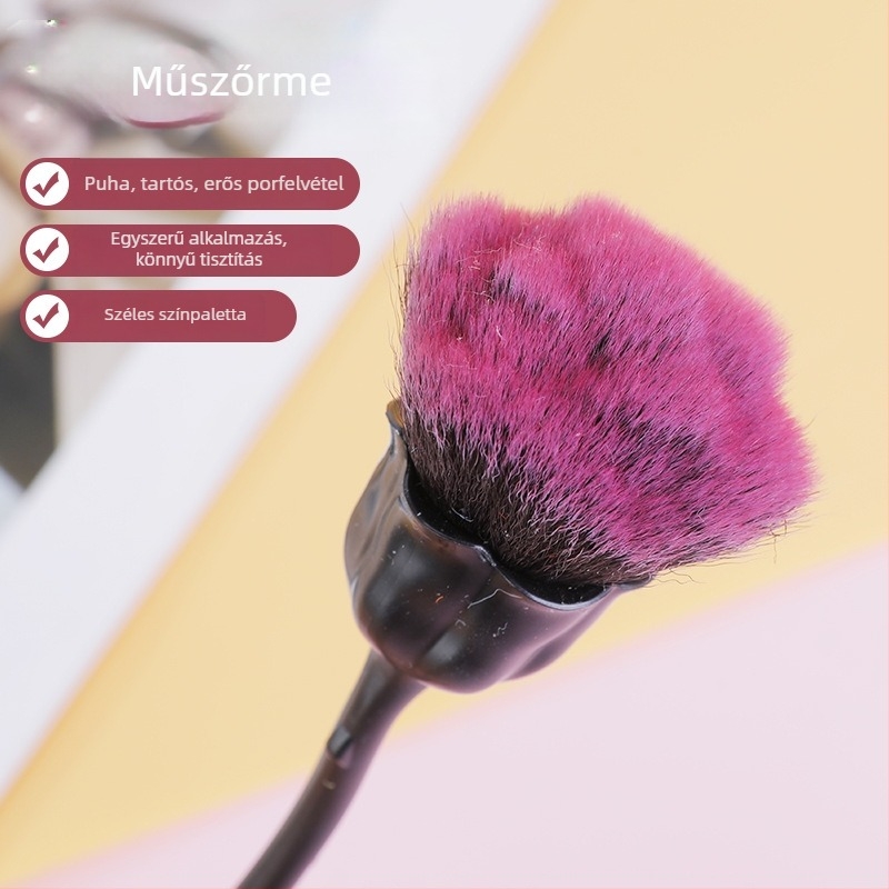 Sminkecset porhoz nylon és mesterséges szálakkal, hosszú ABS elektroplakolt nyél, egycsomagos csomagolás