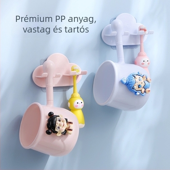 Falra szerelhető fogkefetartó karikatúra dizájnnal és öblítő pohárral, háztartási használatra, PP anyag, logó nyomtatása lehetséges