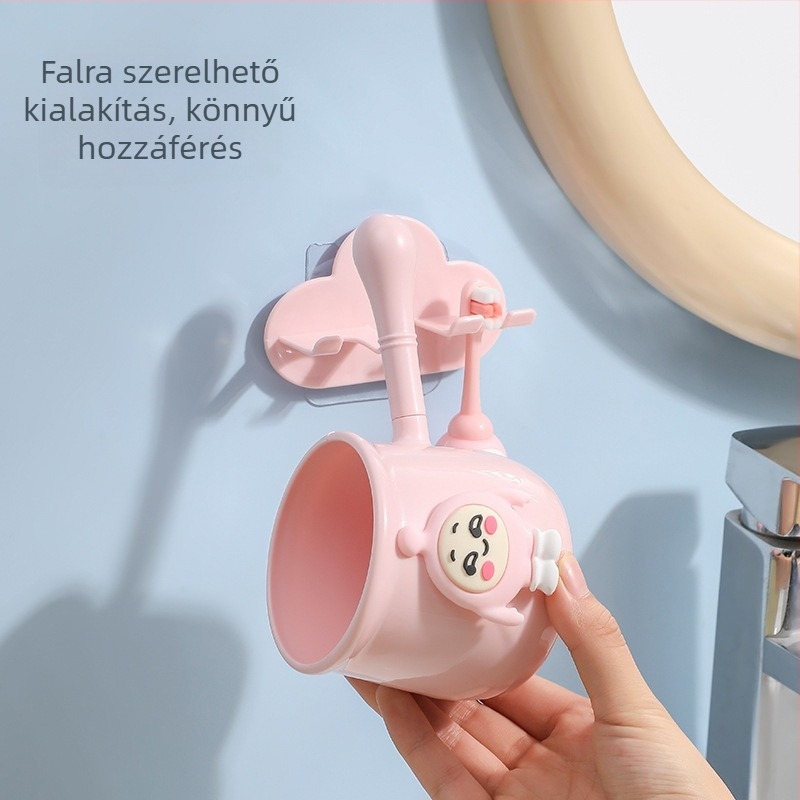 Falra szerelhető fogkefetartó karikatúra dizájnnal és öblítő pohárral, háztartási használatra, PP anyag, logó nyomtatása lehetséges