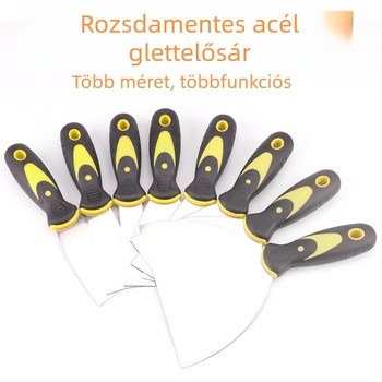 Rozsdamentes acélú glettkés vastag pengével, műanyag nyéllel, telepítéshez