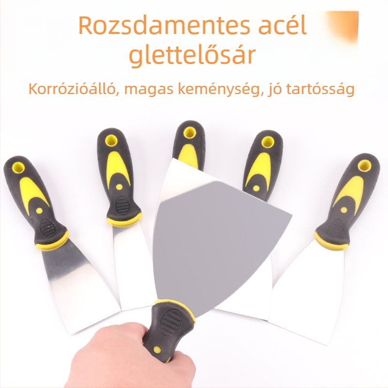Rozsdamentes acélú glettkés vastag pengével, műanyag nyéllel, telepítéshez