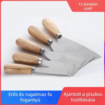 Rozsdamentes acélből készült glettkés, vastított pengével és fa nyéllel – falak glettelésére, glett felhordására és festésre