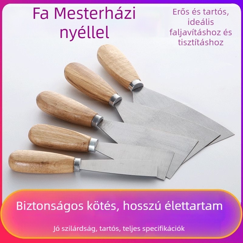 Rozsdamentes acélből készült glettkés, vastított pengével és fa nyéllel – falak glettelésére, glett felhordására és festésre