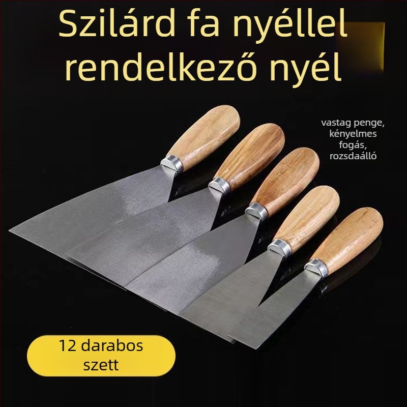 Rozsdamentes acélből készült glettkés, vastított pengével és fa nyéllel – falak glettelésére, glett felhordására és festésre