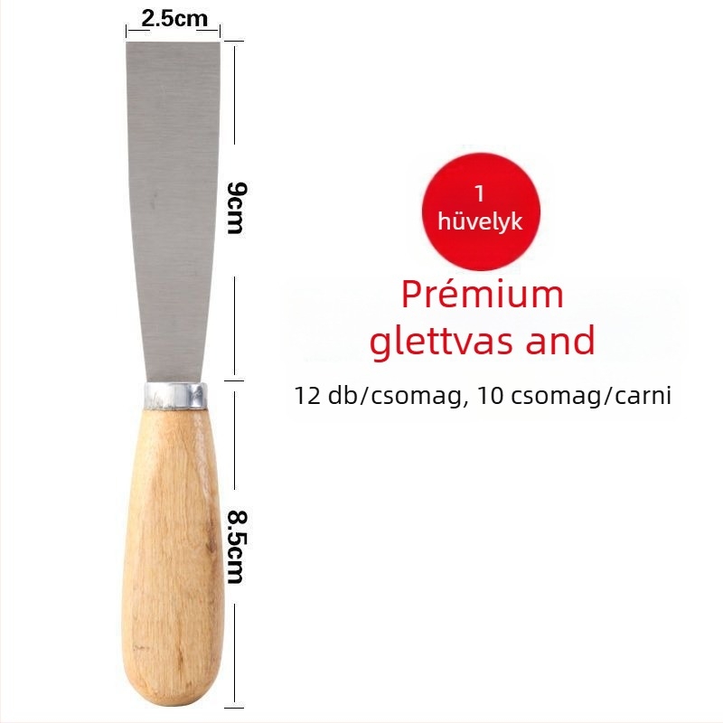 Rozsdamentes acélből készült glettkés, vastított pengével és fa nyéllel – falak glettelésére, glett felhordására és festésre