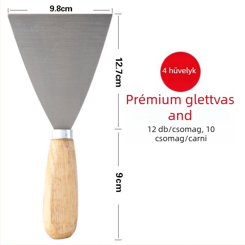 Rozsdamentes acélből készült glettkés, vastított pengével és fa nyéllel – falak glettelésére, glett felhordására és festésre