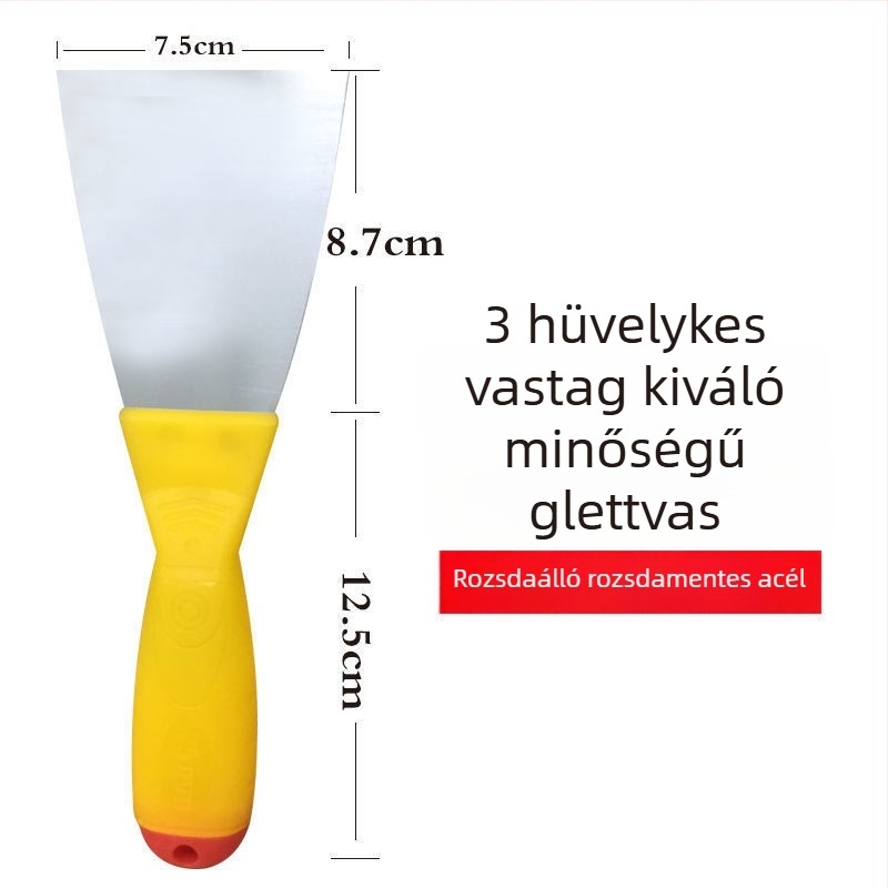 Rozsdamentes acélből készült glettkés, vastított pengével és fa nyéllel – falak glettelésére, glett felhordására és festésre