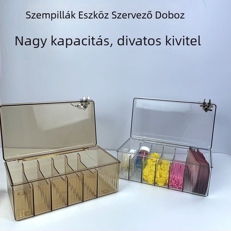 Műszempilla-extensions eszközök tároló doboza, több rekesz, porálló, hordozható, akril anyagból