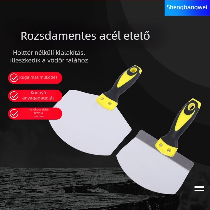 Rozsdamentes acél glettelő kés műanyag markolattal, sorozat többféle specifikációval építőipari és burkolási felhasználásra.