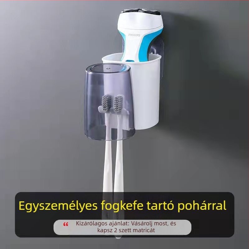 Fogkefetartó készlet szívófejes falra szerelhető, műanyagból, fogkrém nyomó és öblítő pohár