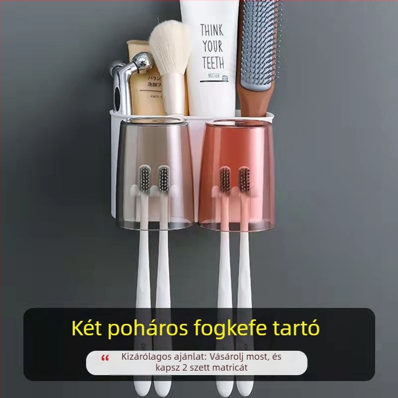 Fogkefetartó készlet szívófejes falra szerelhető, műanyagból, fogkrém nyomó és öblítő pohár