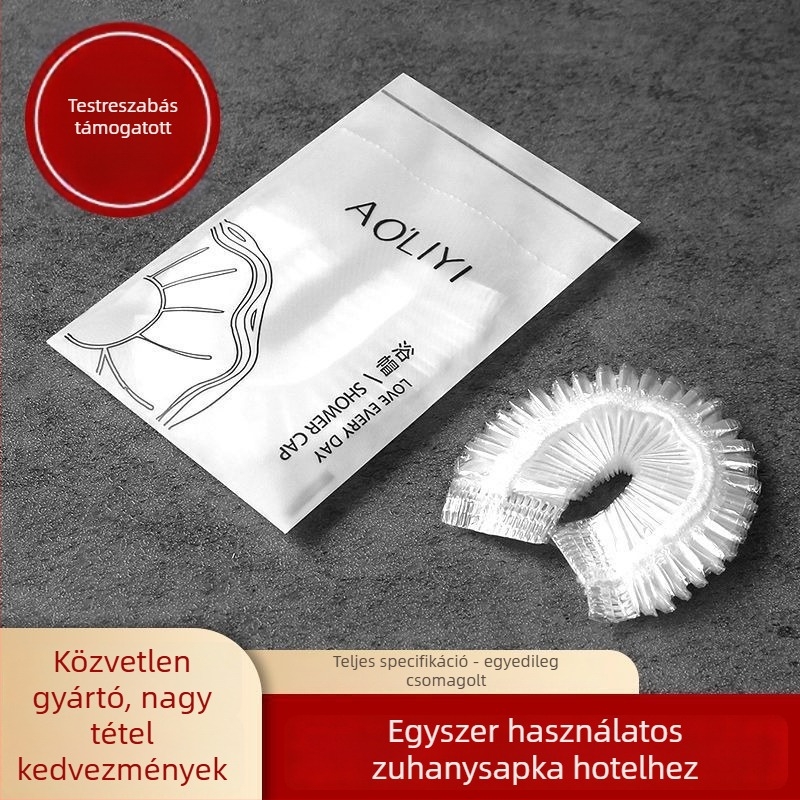 Egyszer használatos zuhanysapka, vízálló, megnagyított és vastagított, egyedi csomagolásban, PE anyag, alkalmas festett hajra, szállodai használatra