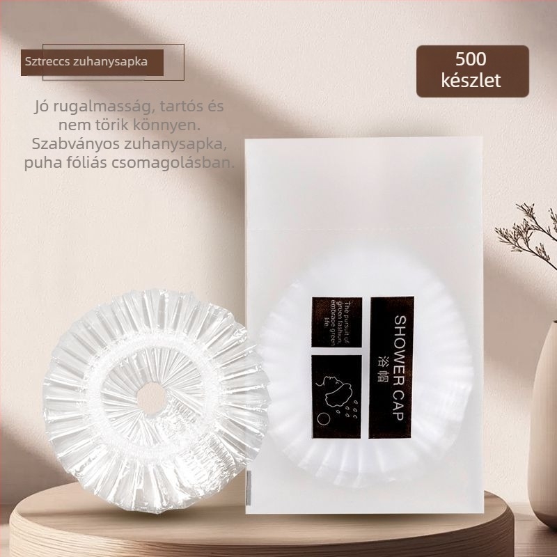 Egyszer használatos zuhanysapka, vízálló, megnagyított és vastagított, egyedi csomagolásban, PE anyag, alkalmas festett hajra, szállodai használatra
