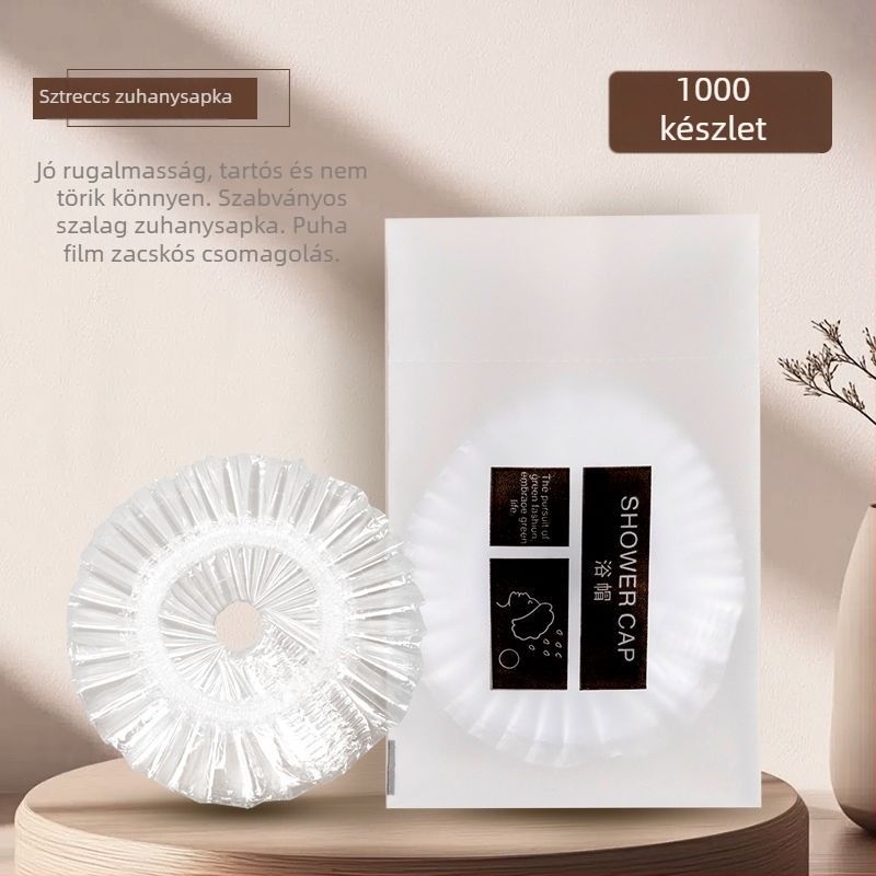 Egyszer használatos zuhanysapka, vízálló, megnagyított és vastagított, egyedi csomagolásban, PE anyag, alkalmas festett hajra, szállodai használatra