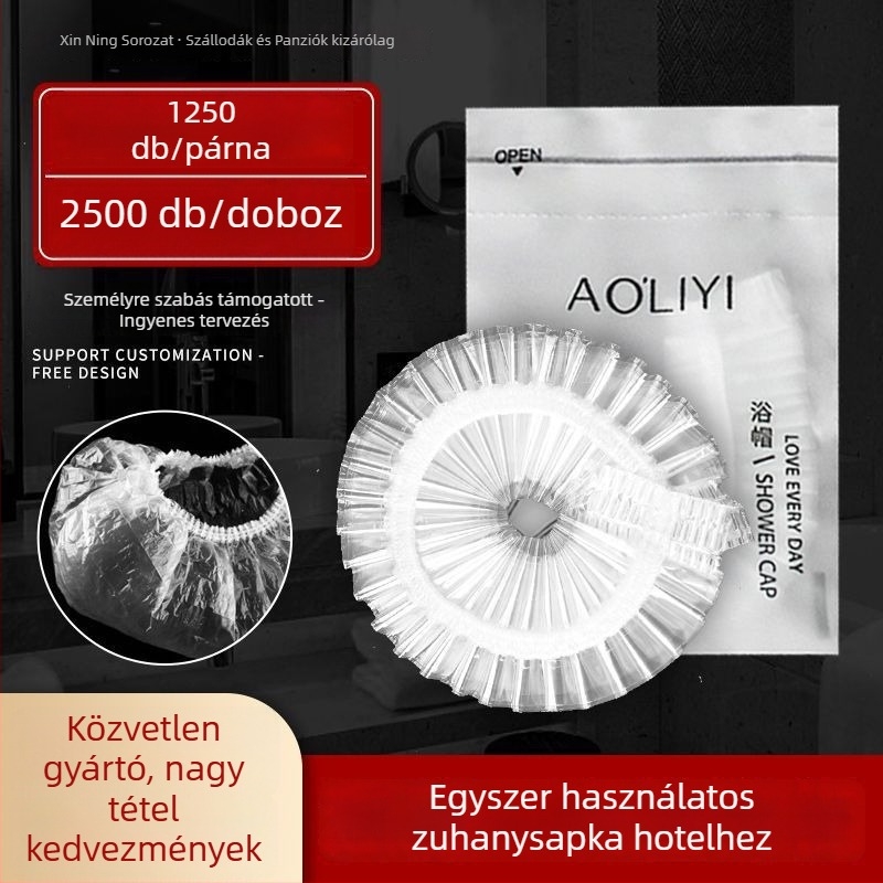 Egyszer használatos zuhanysapka, vízálló, megnagyított és vastagított, egyedi csomagolásban, PE anyag, alkalmas festett hajra, szállodai használatra