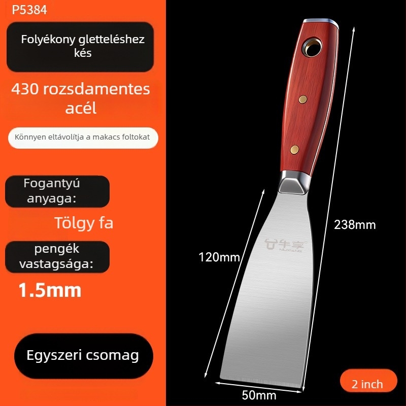 Rozsdamentes acél vakolókanál fa markolattal - továbbfejlesztett vastag, sík penge, többfunkciós kopogtató eszköz