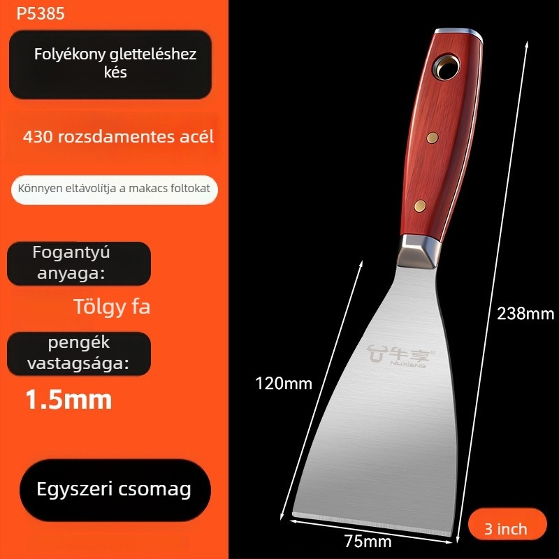 Rozsdamentes acél vakolókanál fa markolattal - továbbfejlesztett vastag, sík penge, többfunkciós kopogtató eszköz