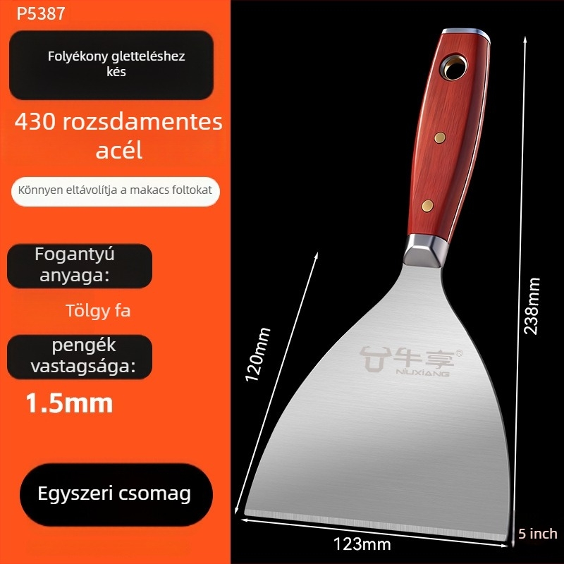 Rozsdamentes acél vakolókanál fa markolattal - továbbfejlesztett vastag, sík penge, többfunkciós kopogtató eszköz