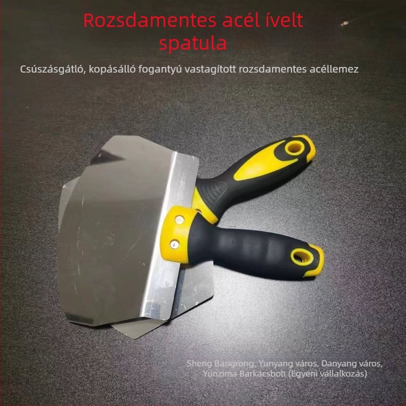 Rozsdamentes acél vakolókanál ventilátorszerű kaparóval és ívelt glettelőkéssel
