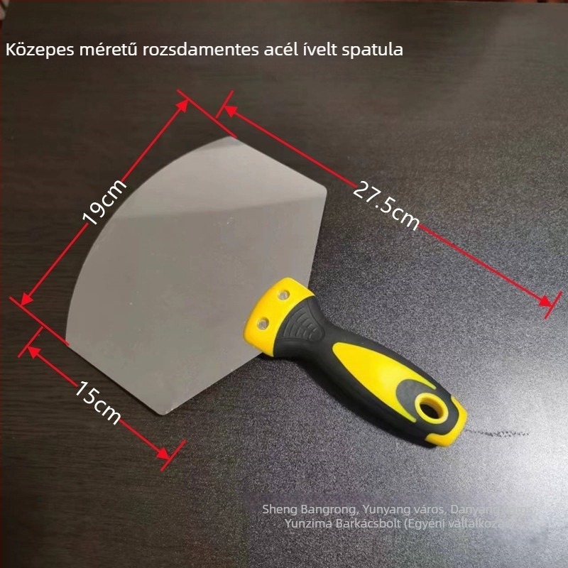 Rozsdamentes acél vakolókanál ventilátorszerű kaparóval és ívelt glettelőkéssel