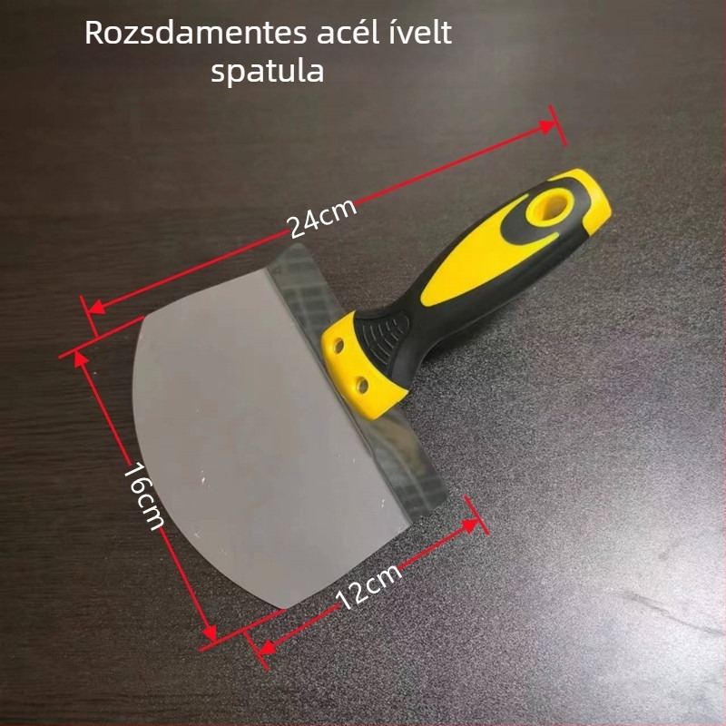 Rozsdamentes acél vakolókanál ventilátorszerű kaparóval és ívelt glettelőkéssel