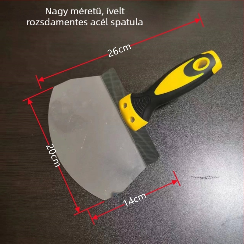 Rozsdamentes acél vakolókanál ventilátorszerű kaparóval és ívelt glettelőkéssel