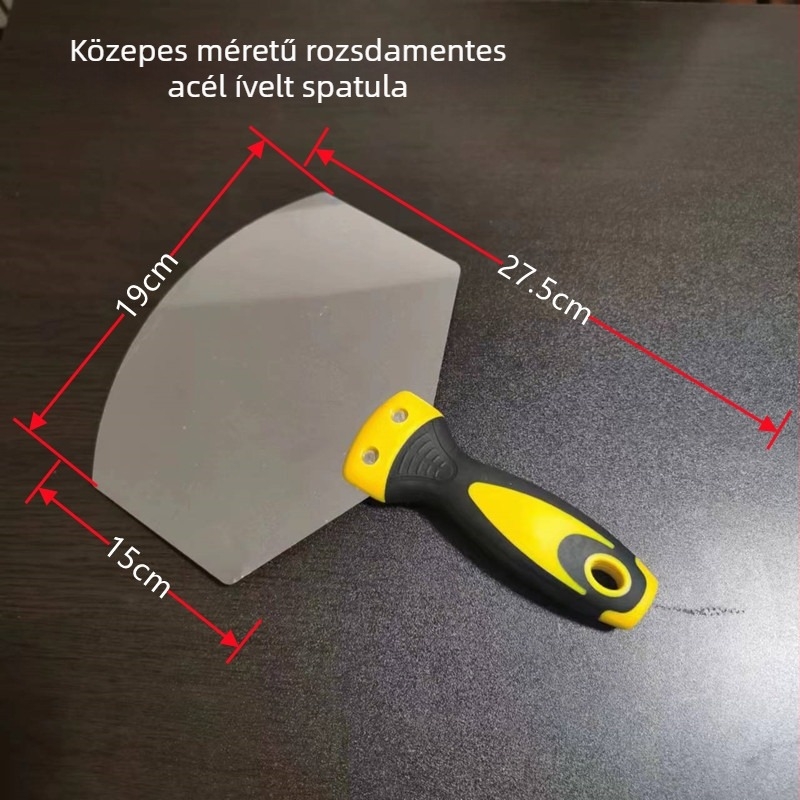Rozsdamentes acél vakolókanál ventilátorszerű kaparóval és ívelt glettelőkéssel