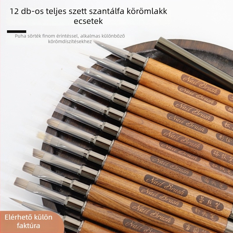 Manikűr ecset fa markolattal, hordozható, 12 darabos készlet, gravírozott toll és satírozó toll a köröm művészetéhez