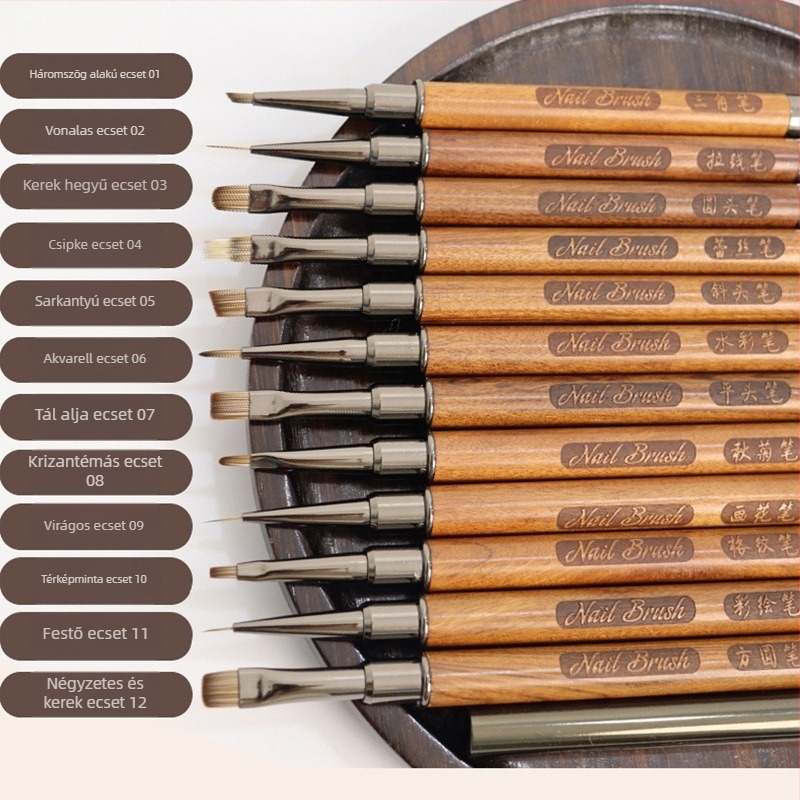 Manikűr ecset fa markolattal, hordozható, 12 darabos készlet, gravírozott toll és satírozó toll a köröm művészetéhez