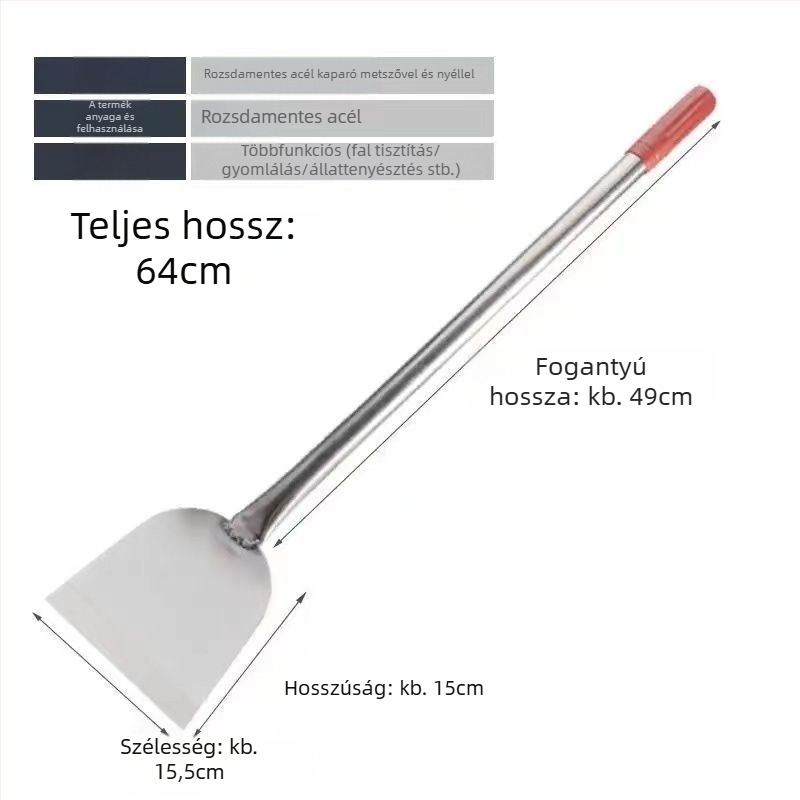 Többcélú fal- és glettelőkanál rozsdamentes acél pengével, hosszú fa nyéllel