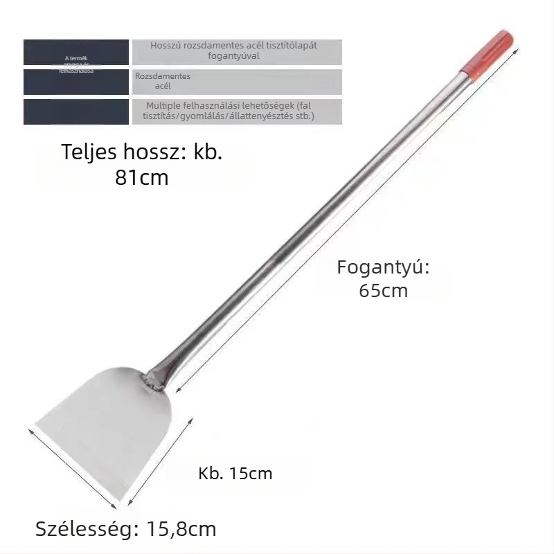 Többcélú fal- és glettelőkanál rozsdamentes acél pengével, hosszú fa nyéllel