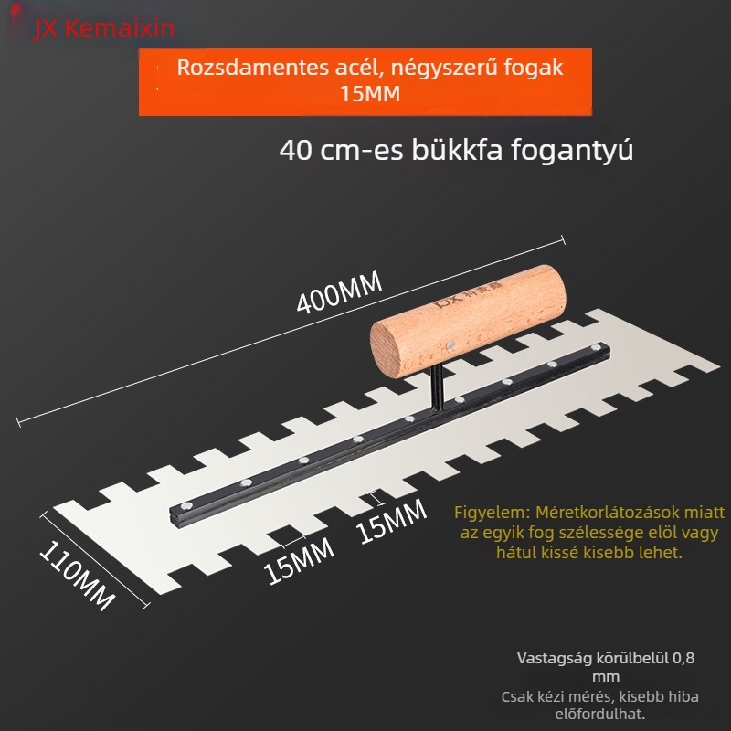 Fogazott glettelőkanál csempézéshez és vakoláshoz, négyzetes és hullámos fogazat, 0,8 mm vastagság, Kemaixin