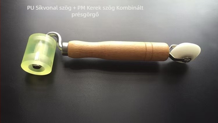Kétfejes préselő görgő bükkfa nyéllel, nylon hengerrrel, galvanizált tartóval, tapéta felhelyezéséhez