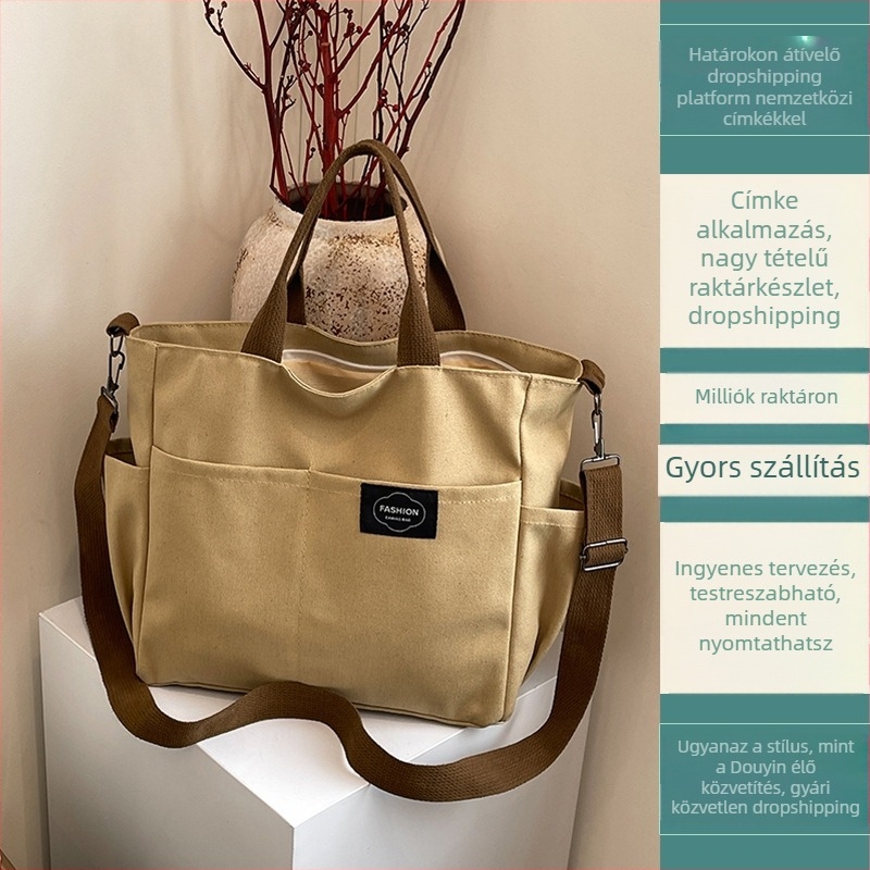 Canvas Tote táska, vízszintes négyszögletű formával, cipzárral, belső zsebekkel a telefonhoz és azonosító kártyához