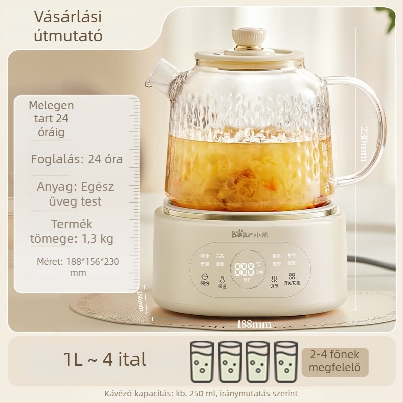 Bear Üveg egészségügyi teáskanna termosztáttal YSH-P10Q7, 0.8–1.2 L, 220V, 500–1000W