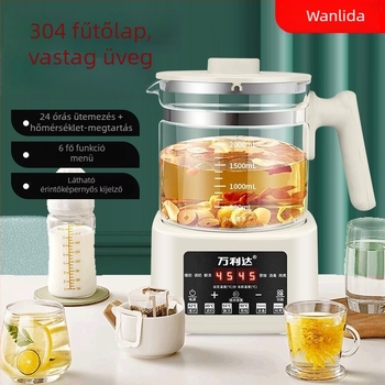 Wanlida Egészségkanna – üvegből készült test, 2–3 L, 800 W, 220 V, érintéses vezérlés, nyomásos termosztát, főzési/infúziós funkció