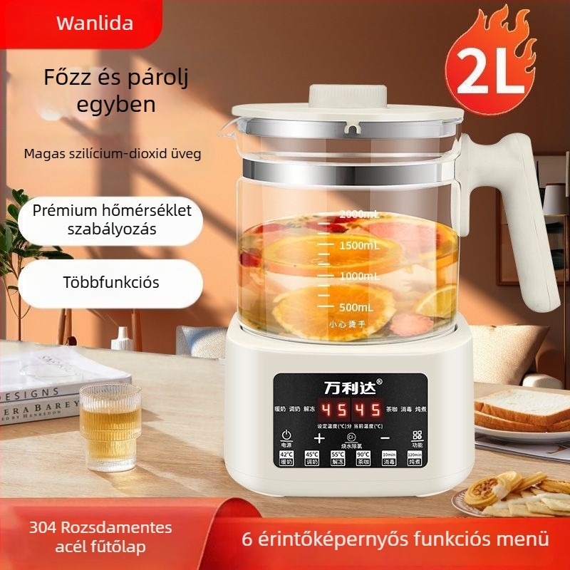 Wanlida Egészségkanna – üvegből készült test, 2–3 L, 800 W, 220 V, érintéses vezérlés, nyomásos termosztát, főzési/infúziós funkció