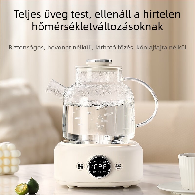 Teáskanna magas hőálló üvegből, D11 modell, kapacitás legfeljebb 1 L, 220 V, 400–500 W, mikroprocesszoros vezérlés